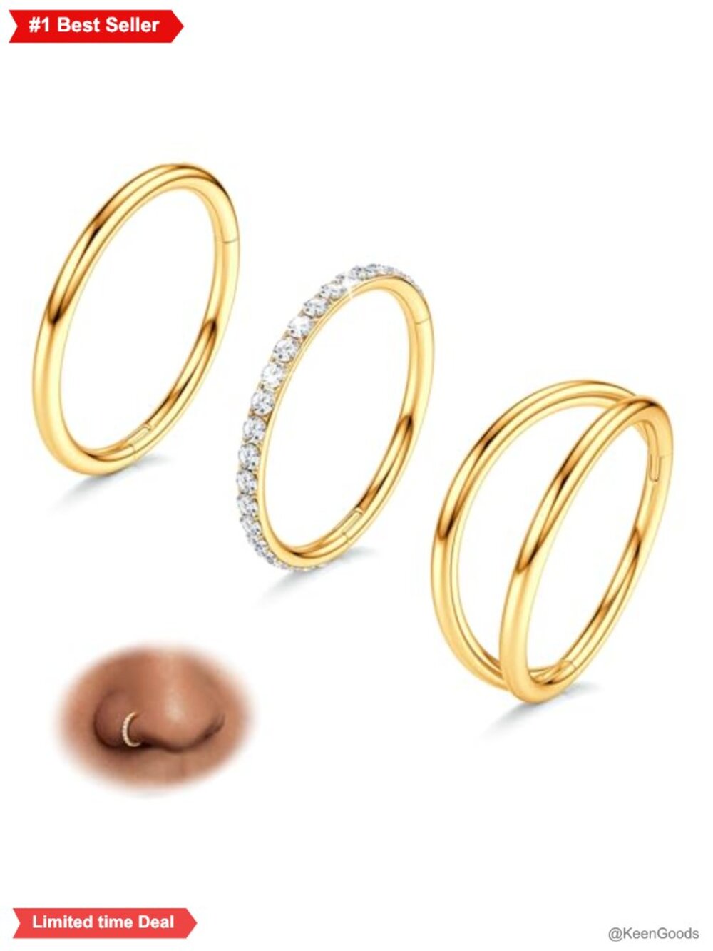 14K Gold Plated 316L Surgical Steel Nose Ring Hoop Set 18G 8mm